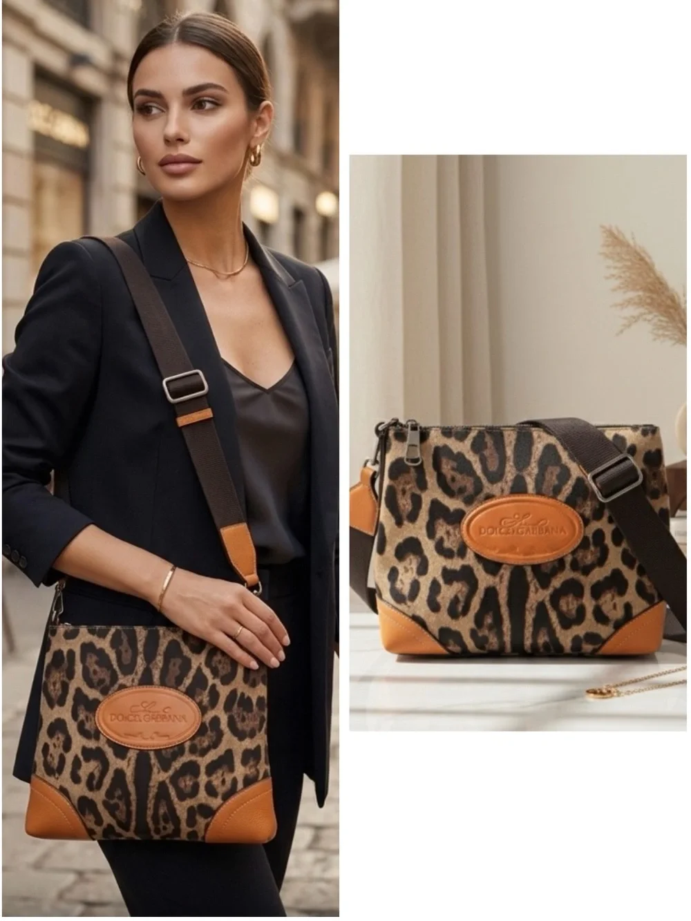 DOLCE & GABBANA Leopard‎ Print Crossbody Bag Canvas Leather Trim Y2K Animal
